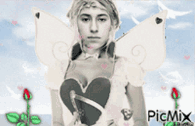 a picture of a woman dressed as a fairy with a heart on her chest