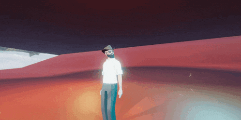 a man with a beard wearing a hat and sunglasses stands in front of a red background