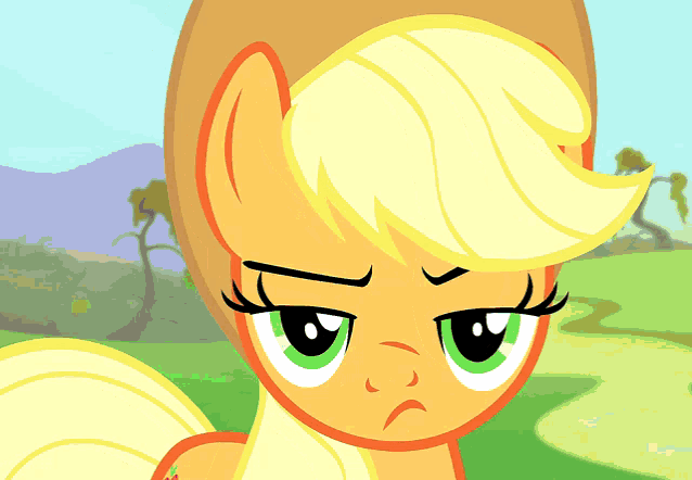 a close up of a cartoon pony with an angry look on his face