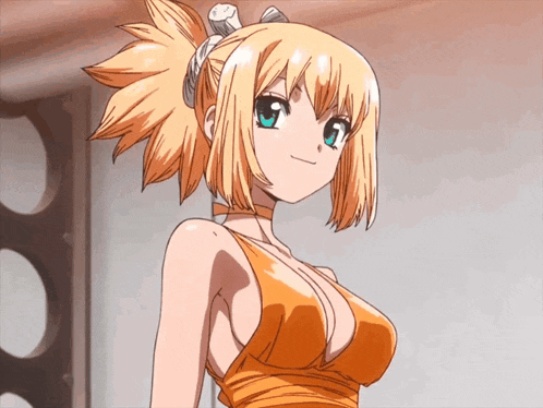 a blonde anime girl with a ponytail and a very plunging orange dress