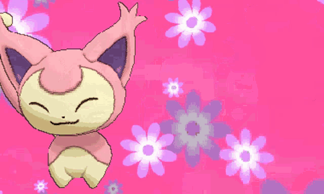 a pixel art drawing of a cat with a pink background and flowers
