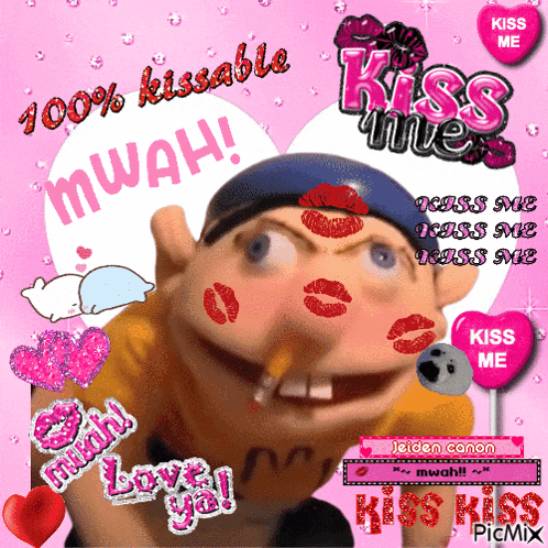 a picture of a puppet with kisses on his face says kiss me