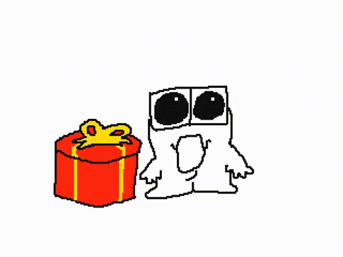 a cartoon character with big eyes is standing next to a red gift box with a yellow bow .
