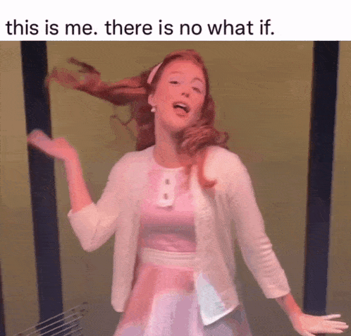 a woman in a pink dress and white cardigan is dancing with the caption " this is me there is no what if "