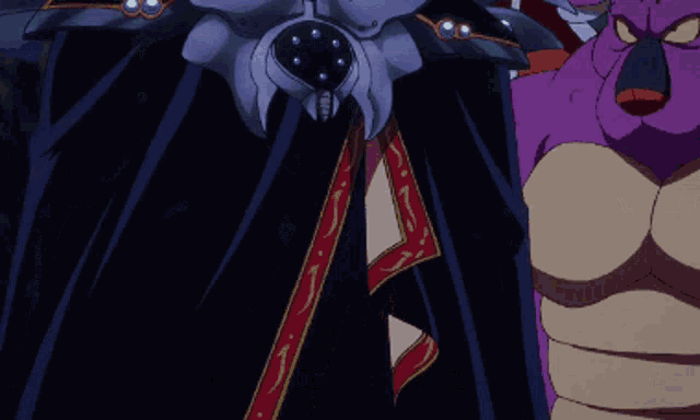 a purple monster is standing next to a man in a purple cape