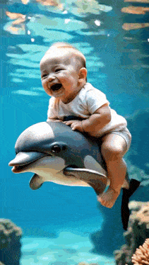 a baby riding on the back of a dolphin in the water
