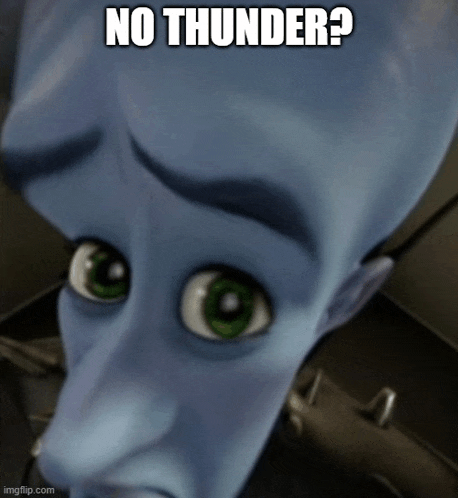 a close up of a cartoon character 's face with the caption no thunder