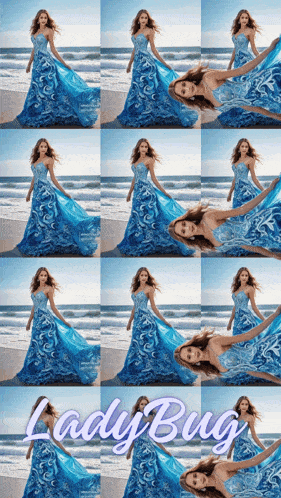 a ladybug advertisement with a woman in a blue dress