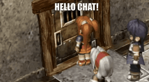 a video game character is standing in front of a wooden door and says hello chat