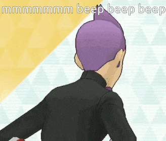 a cartoon character with purple hair says beep beep beep on the bottom