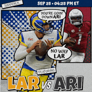 an advertisement for lar vs ari featuring two rams players