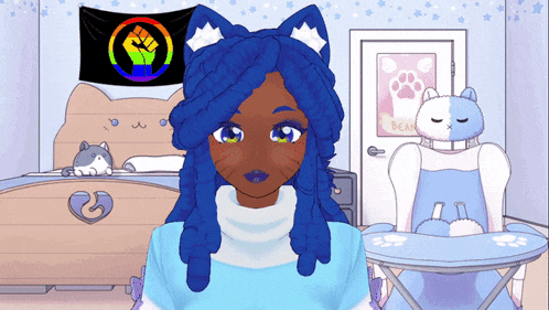 a girl with blue hair is standing in front of a room with cats and a sign that says bear