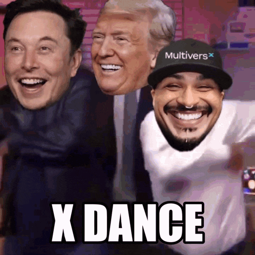 elon musk donald trump and a man with a hat that says multivers x