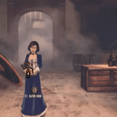 a woman in a blue dress is holding a robot and the word catch coin is on the bottom