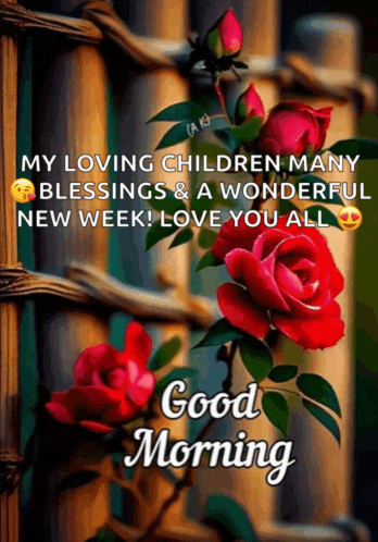a good morning message with red roses and the words " my loving children many blessings a wonderful new week love you all "