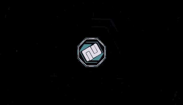 a blue and white logo in a hexagon on a black background