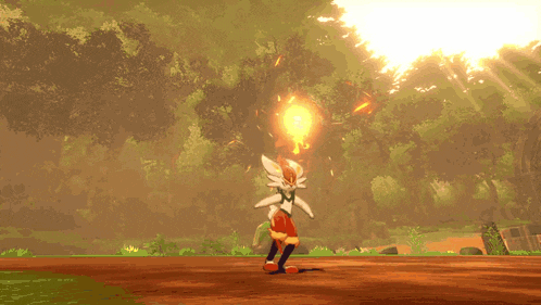 a cartoon character is holding a fireball in a video game