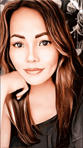 a woman with long brown hair is looking at the camera