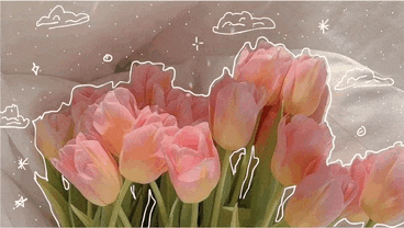 a bunch of pink flowers with a drawing of clouds and stars