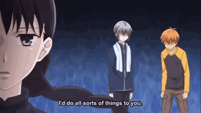 a girl says " i 'd do all sorts of things to you " while two boys stand behind her
