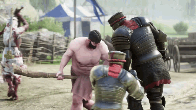 a man in armor is holding a stick while another man stands behind him
