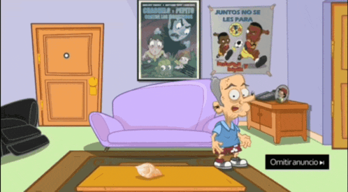 a cartoon of a man in a living room with a purple couch and a poster that says juntos no se les para