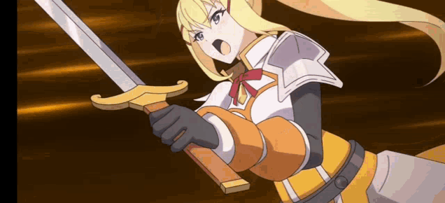 a cartoon girl is holding a sword with a surprised look on her face