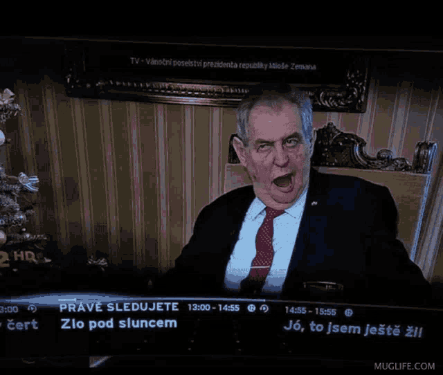 a tv screen shows a man with his mouth open