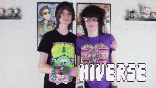 a couple of people standing next to each other with the word hiverse on the bottom left