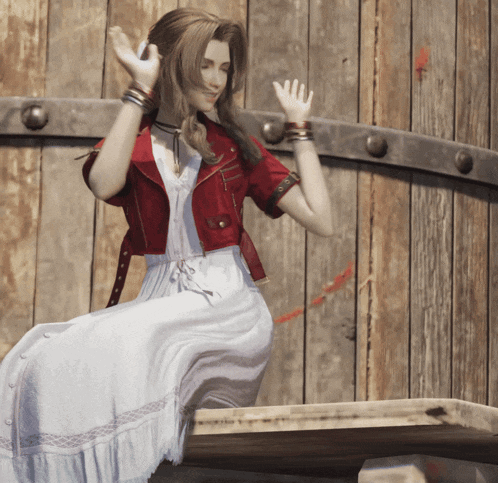 a woman in a white dress and red jacket is sitting on a bench