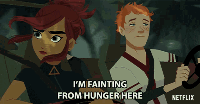 a cartoon of a man driving a car with the words i 'm fainting from hunger here below him