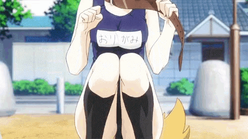 a girl in a swimsuit has the word " origami " on her chest