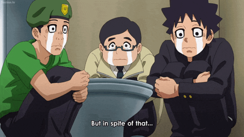 a cartoon of three boys with tears on their faces says but in spite of that