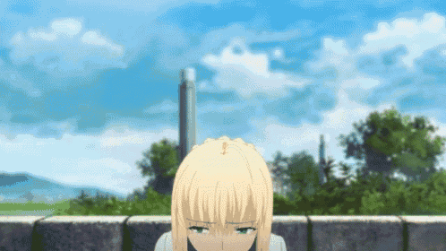 a girl with blonde hair is standing in front of a stone wall with a blue sky in the background