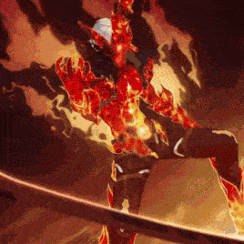 a cartoon character with red flames on his body and a sword .