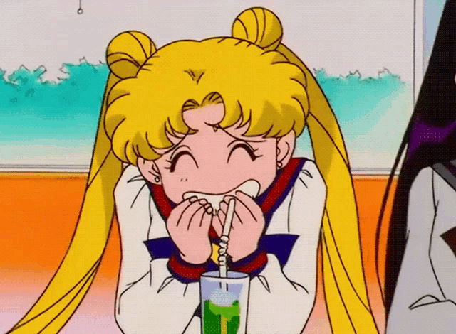 a cartoon of a girl drinking a green beverage with a straw