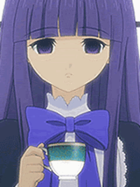 a girl with purple hair and a blue bow is holding a cup of tea