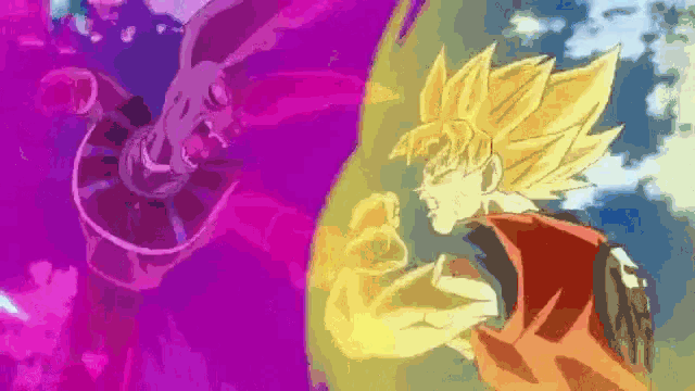 a cartoon of goku fighting a purple monster