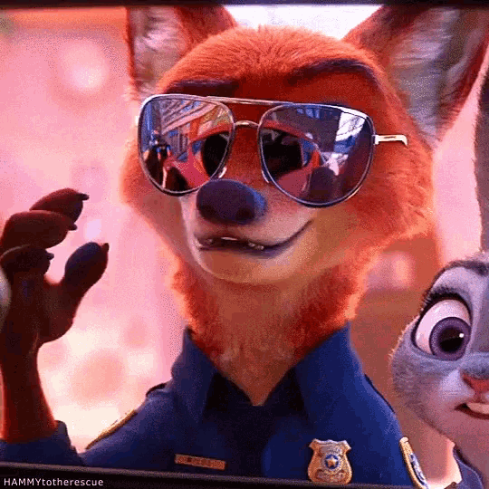 a close up of a fox wearing sunglasses and a police uniform with the words hammytotherescue below it