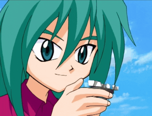 a cartoon character with green hair and blue eyes is holding something