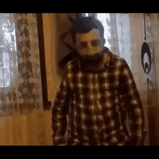 a man in a plaid shirt with a beard is standing in a room .