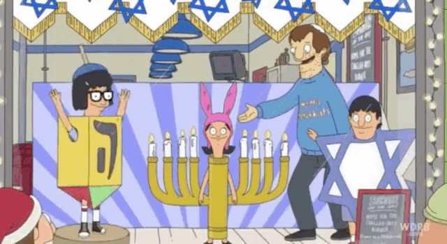 a cartoon of bob 's burgers characters standing in front of a menorah