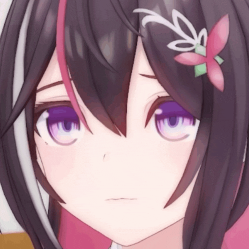 a close up of a anime girl with purple eyes and a flower in her hair