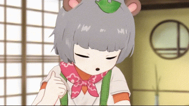 a cartoon character giving a thumbs up and wearing a pink scarf around her neck