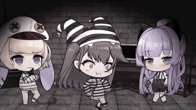 three anime girls are standing next to each other with one wearing a hat with x 's on it