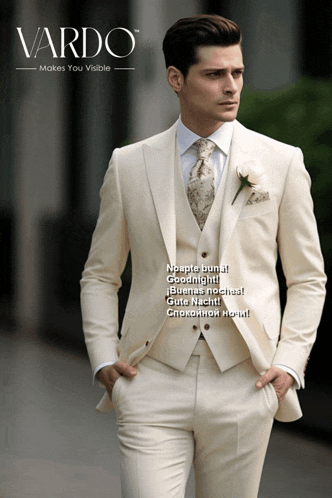 a man in a white suit with vardo makes you visible