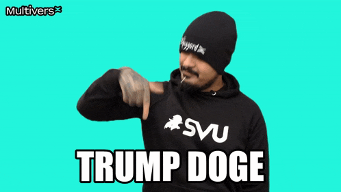 a man with a beard wearing a black hoodie that says " trump doge "