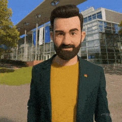 a man with a beard wearing a green jacket and a yellow sweater