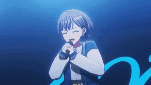 a cartoon girl singing into a microphone with a blue background
