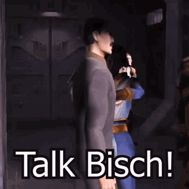 a man in a suit is holding a gun with the words talk bisch behind him